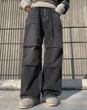 Rising black blue strap wide pants