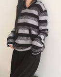 Blon Stripe Color Matching Slim Fit Hood Knit