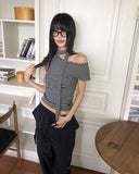 [Strap SET] Kinble Slim Fit Striped Cap Sleeve Off-Shoulder T-Shirt