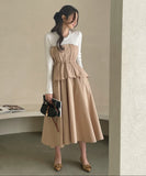 Rail Color Matching Knit Shirring Pin Tuck Flare One Piece