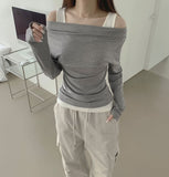 Drape Off-Shoulder Knit Layered Fake Layered T-shirt