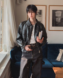 Frill High Neck Balloon Leather Jacket