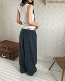 Kaea check color matching frill banding wide pants