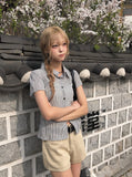 Chori Small Check Shirring Pintuck Puff Short Sleeve Shirt