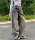 Stripe Folding Hem Snap Wide Denim Pants