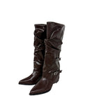 Double Buckle Shirred Stiletto Long Boots