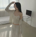 Lovely Lace Ribbon Punching Sleeveless Cardigan Set