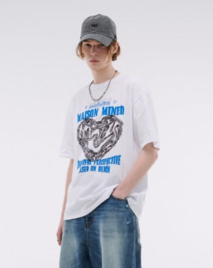 シャツ DOODLE HEART HALF T WHITE SKY MAISON MINED(メゾンミネド) - ドゥードルハート半袖Tシャツ