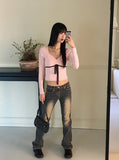 Luer Balletcore Ribbon Color Matching Heart Neck Long Sleeved T-Shirt