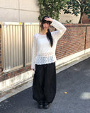 Ui punching ribbon strap round neck see-through long-sleeved knit