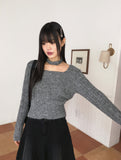 [Choker Set] Ruckle Wool Square Neck Ribbed Long Sleeve Knit
