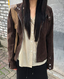 Artit Suede High Neck Studded Cut Long Sleeve Jacket