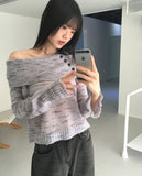 Kinbi Button Bokashi Crunchy Off-Shoulder Knit
