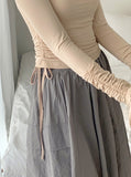 Pania Balletcore Shirring Pleated Strap Square Neck Crop Long Sleeve T-shirt