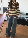 Lambo Stripe Unbalance Button Collar Long Sleeve Knit