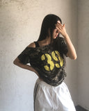 Ray Camo Number Print Off Shoulder Shirring Short Sleeve T-Shirt