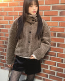 Merve Fluffy Fur Button High Neck Short Jacket