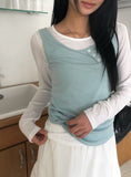[MADE] Colin Diagonal Button Sleeveless See-Through Layered T-Shirt