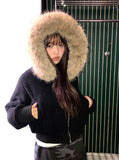 Rurin fluffy fur quilted short hood zip-up
