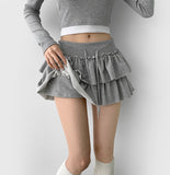 Tiered Flared Mini Underpants Banding Cotton Skirt Pant