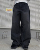 Ile black blue pleated denim pants