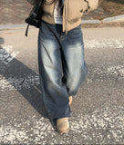 Hins Brushed Washing Denim Wide Pants