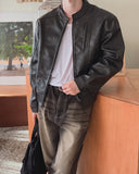 The Non Washed Stand Collar Leather Jacket