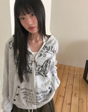 Hummus Lettering Print Stripe Color Matching Snap Button Long Sleeve Hood Zip-Up