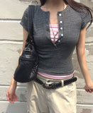 [MADE] Momin Stripe Color Matching Button Layered Slim Short Sleeve T-Shirt