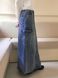 Pluck cut cargo pocket back band slit denim long skirt
