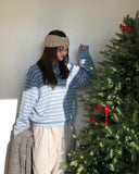 Clo Hairy Stripe Henley Neck Knit