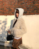 Hoa color matching hooded zip-up fur jacket
