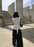 Sandy Summer Ribbon Strap Pintuck Puff Short Sleeve Blouse
