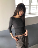 Velko Boat Neck Stripe Side Shirring Three Quarter T-shirt