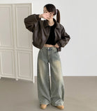 Curved Cut Wide Fit Denim Pants