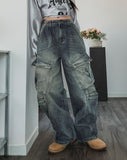 Copper Rivet Pin Tuck Cargo Denim Pants
