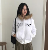 [Brushed Lining] Petol Ribbon Star Two-Way Fur Hood Zip-Up