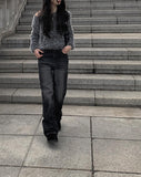 Eti Two Button Black Denim Wide Pants