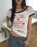 Fleet Off-Shoulder Lettering Print Ringer Color Matching Short Sleeve T-Shirt