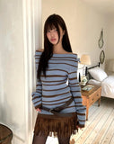 Mina Fold Slim Fit Ribbon Off-Shoulder Color Matching Stripe Knit