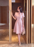 Rosea Heart Neck Puff Tweed Flare One Piece