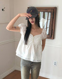 Luna Dot Shirring Puff Short Sleeve Blouse