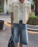 Leviron Two-Pocket Cut-out Collar Short-Sleeve Cardigan