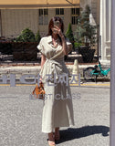 [Two Piece] Duere Linen Wrap Collar Shirt Long Skirt