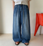 Ryuiki string washing wide denim pants