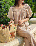 [Two Piece] Wings Frill Wing Blouse Wide Banding Pants