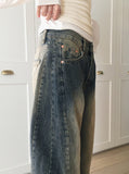 Wick Yellow Washing Slit Long Wide Denim Pants