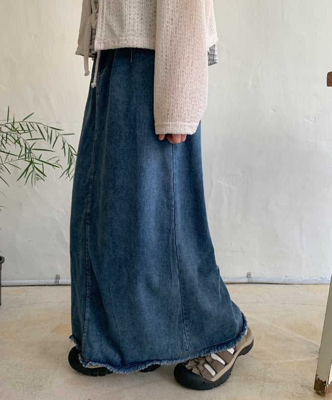 【BAON】Seku Washing Denim Long Skirt BAON (バオン) - シュクタッセルバンディングデニムロング