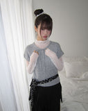 Moon round neck ribbon layered wool short sleeve knit
