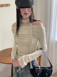 [Scarf set]  Kenin Shirring Pleated Off-Shoulder Crop Long Sleeve T-shirt